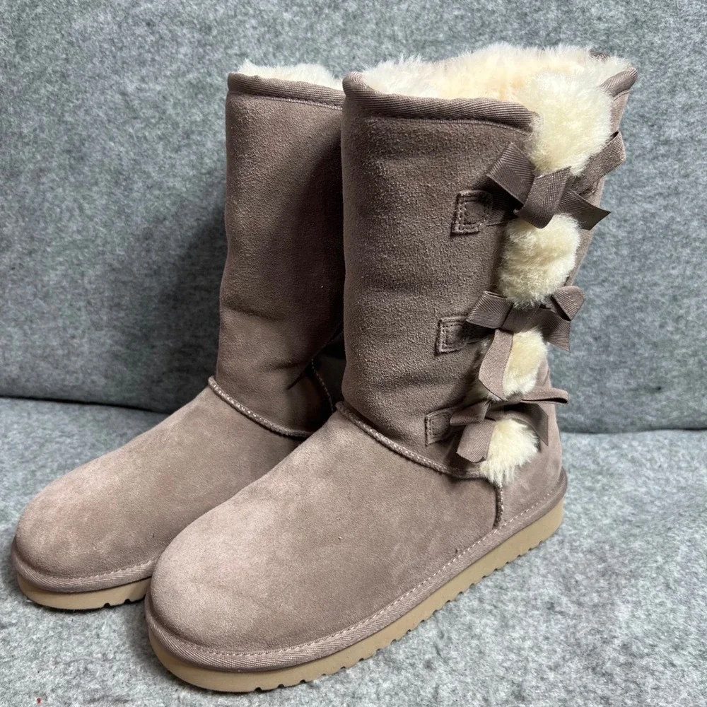 Koolaburra by UGG Victoria Tall Boots Taupe Suede Triple Bow Winter Womens Sz 6